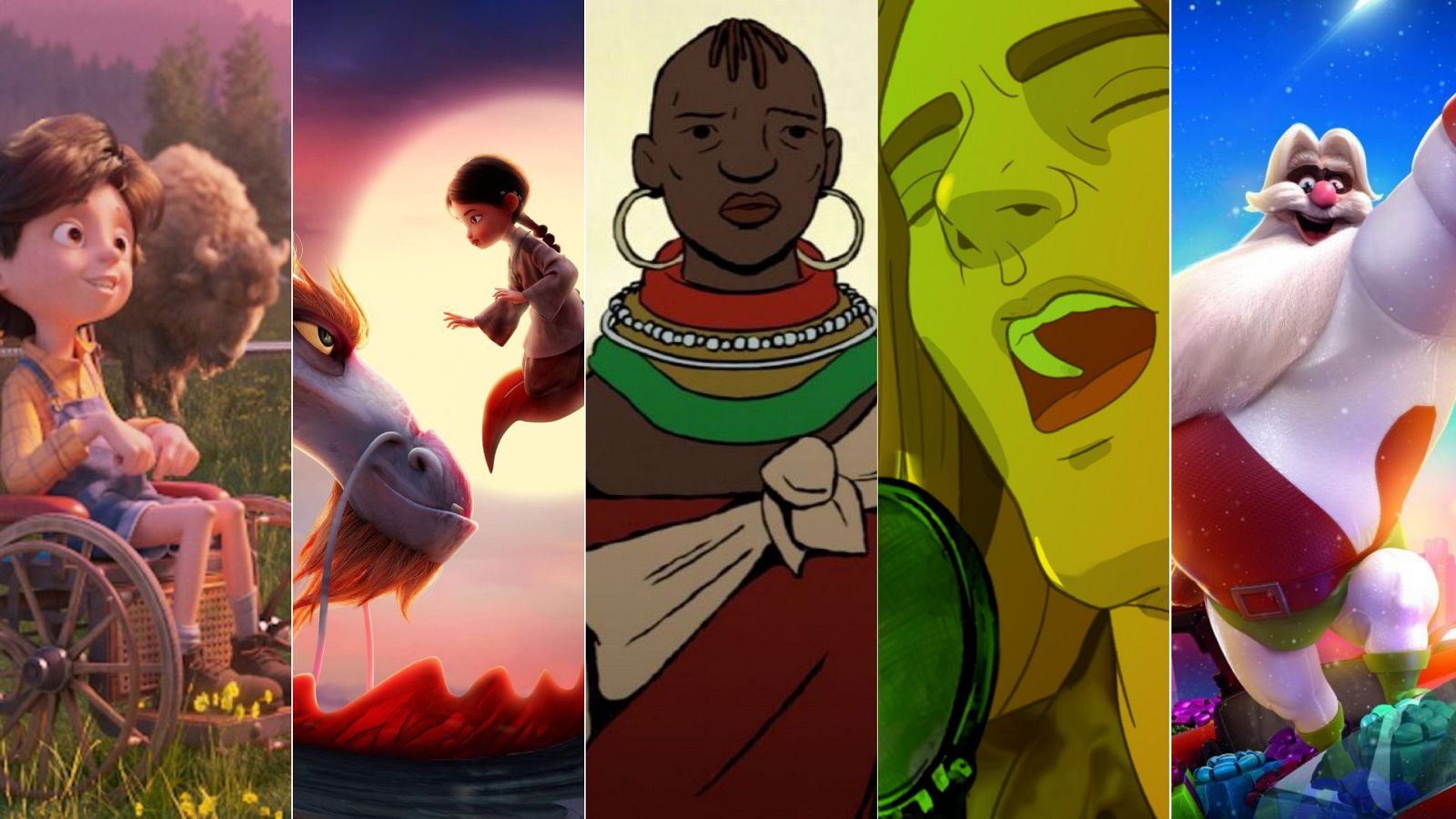 Collage de 5 fotogramas mostrando estilos de animación diversos: realista, estilizado, simple, caricaturesco y 3D, representando las nominaciones al Goya 2025.