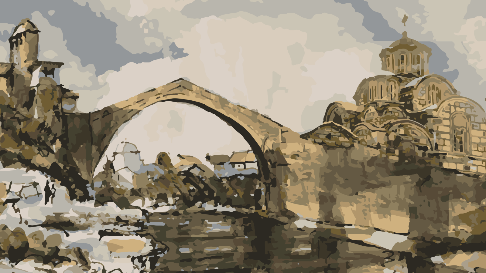 Montaje fotográfico del puente de Mostar (centro) localizado en Bosnia y Herzegovina, junto al monasterio de Gracanica (derecha), ubicado en Kosovo; ambos Patrimonio de la Humanidad por la Unesco