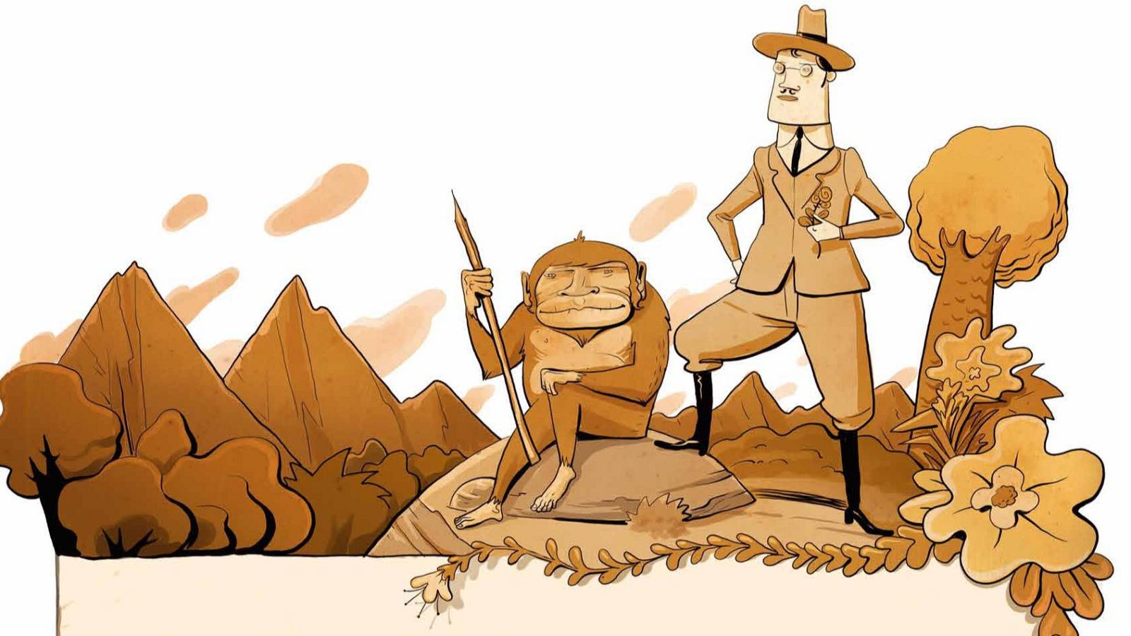 Ilustración sepia de una aventura exótica: Lucas de Andrade, en traje de explorador, y un mono con lanza, en un paisaje selvático.
