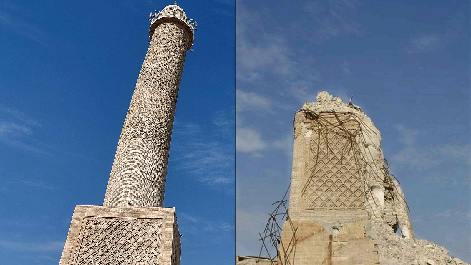 Imagen del minarete reconstruido junto a una fotografía de 2018.