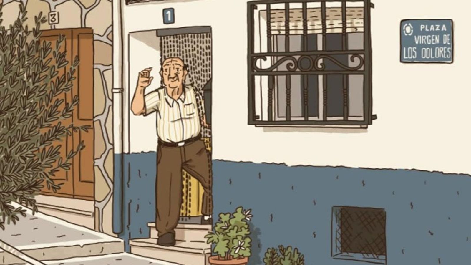 Portada de cómic: hombre mayor sale de casa blanca con placa de calle; lleva camisa a rayas y pantalones marrones.