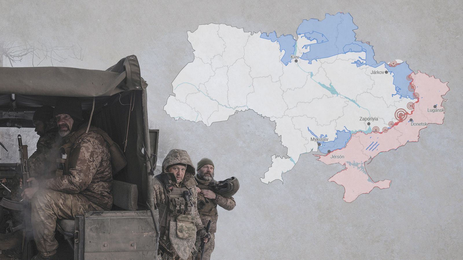 Soldados ucranianos en vehículo militar junto a mapa de Ucrania mostrando zonas de control territorial durante la guerra.  Se aprecian ciudades clave y líneas del frente.