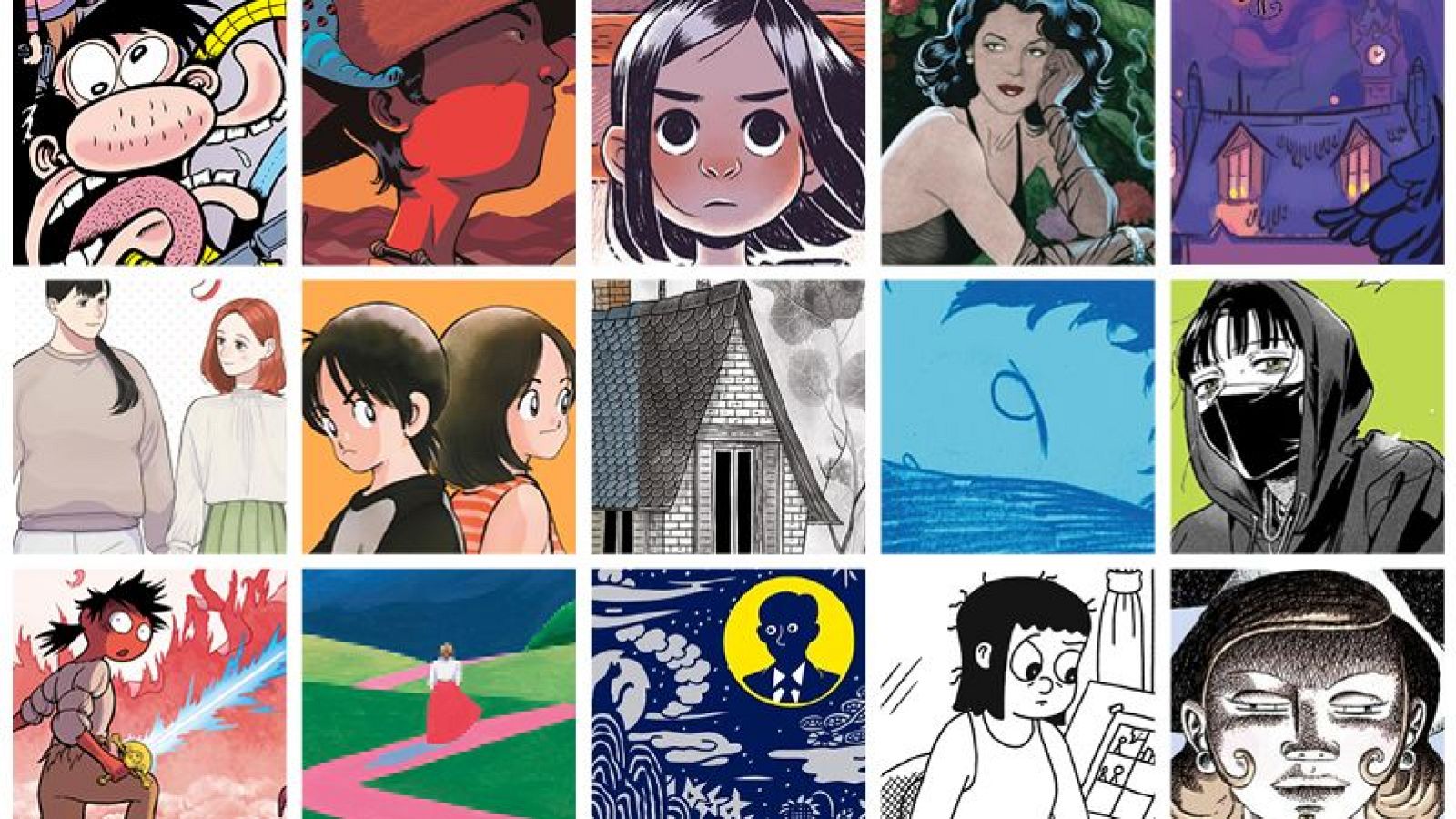 15 portadas de cómics con estilos artísticos variados (cartoon, manga, realismo, abstracción) y personajes diversos en escenas de aventura, fantasía, drama y misterio.