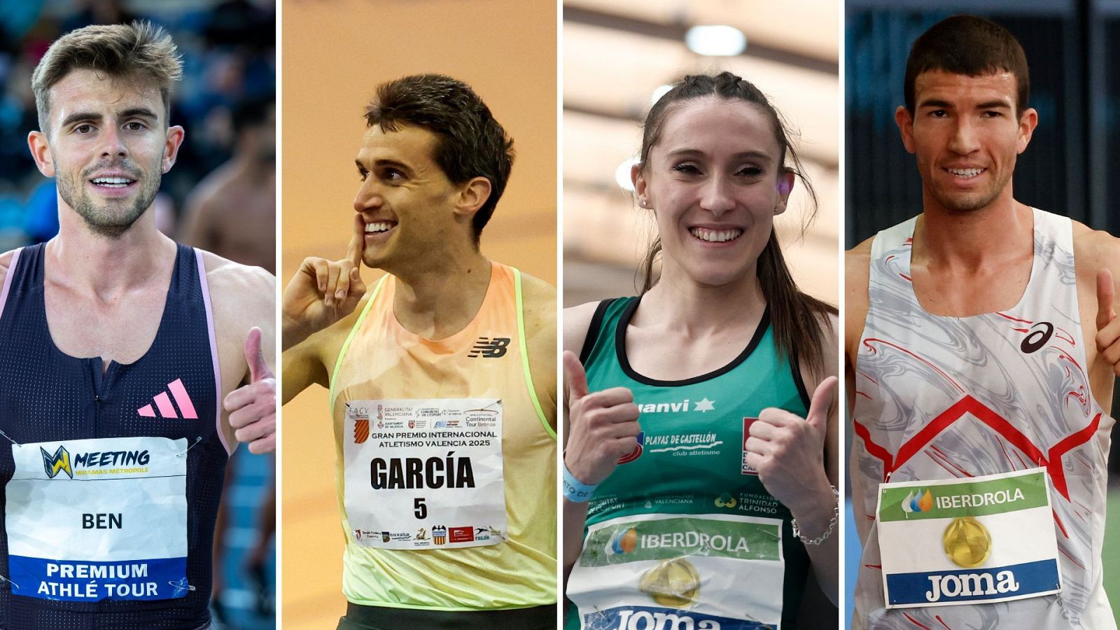 Fotocomposición con los atletas Adrián Ben, Mariano García, Paula Sevilla y Adel Mechaal (de izquierda a derecha), todos con gestos de celebración después de competir