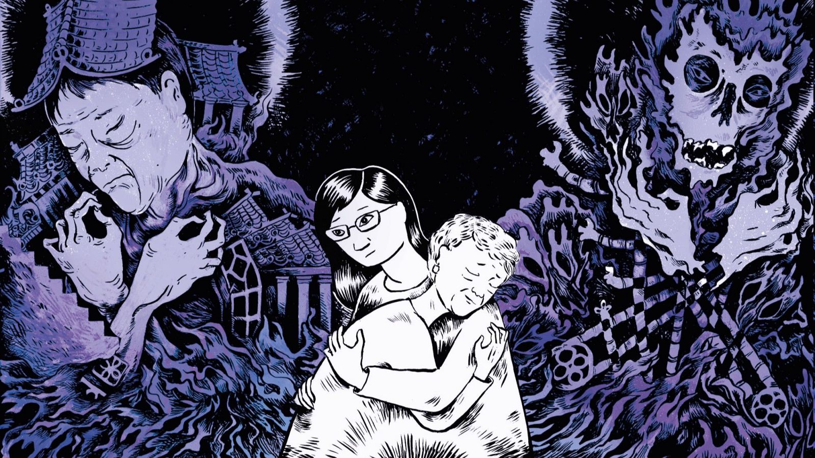 Portada de cómic: mujer abraza a anciana, ambas tristes;  figuras fantasmales (hombre asiático, calavera) en fondo oscuro; atmósfera misteriosa.