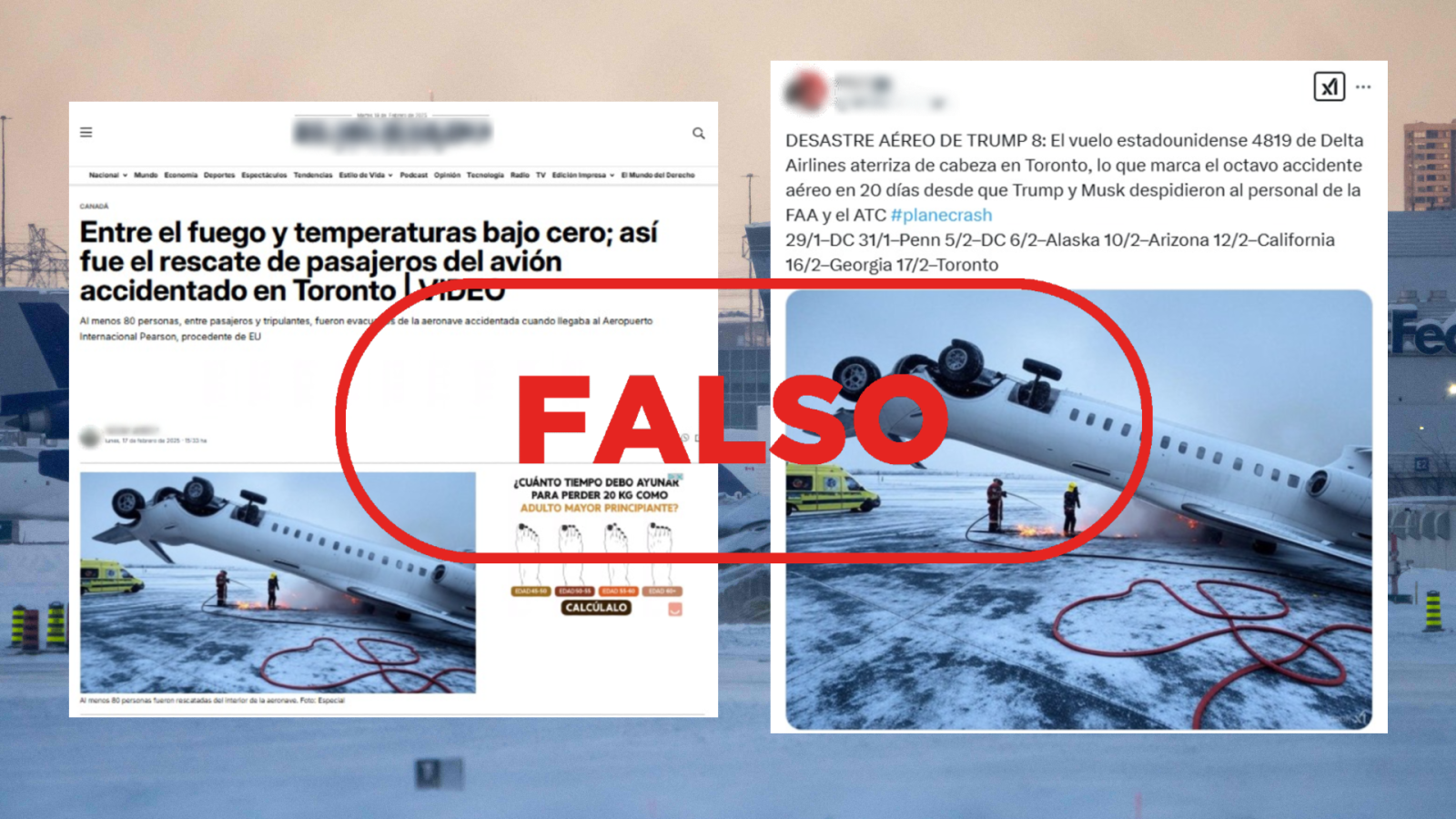 No es el avión Delta accidentado en Toronto, es una imagen de IA