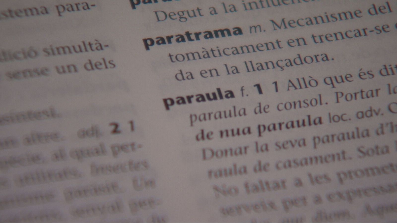 Fragmento de diccionario catalán mostrando definiciones de "paratrama" (mecanismo que se rompe al lanzarse) y "paraula" (palabra, con ejemplos de uso).  Texto incompleto.