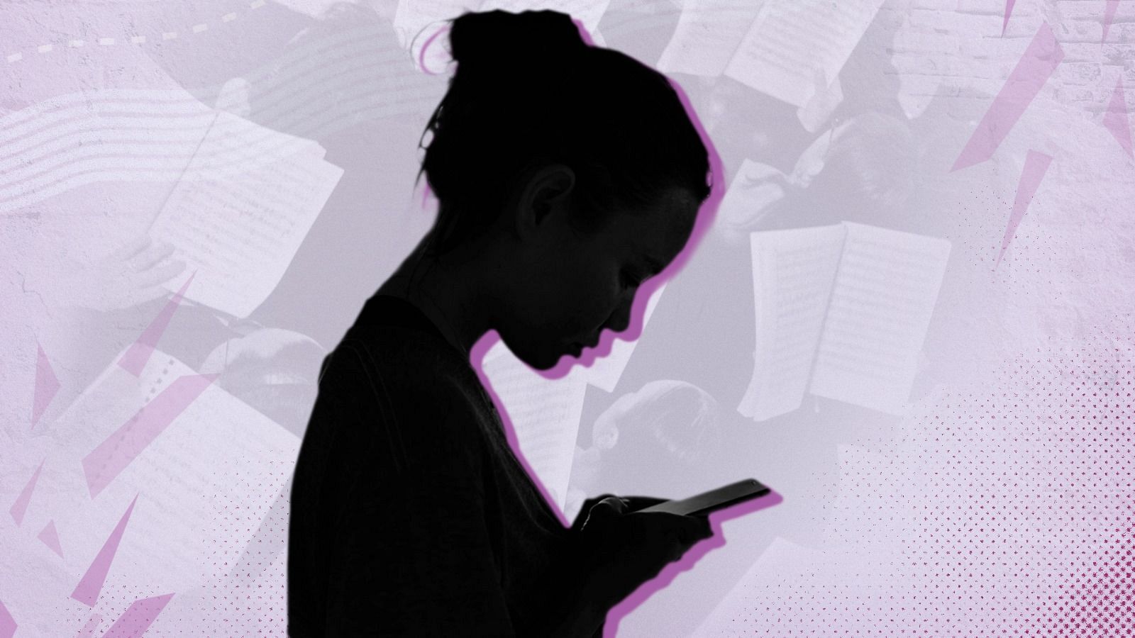 Silueta femenina mirando un móvil sobre un fondo de partituras musicales.  Contrastes oscuros y lilas evocan denuncia anónima.