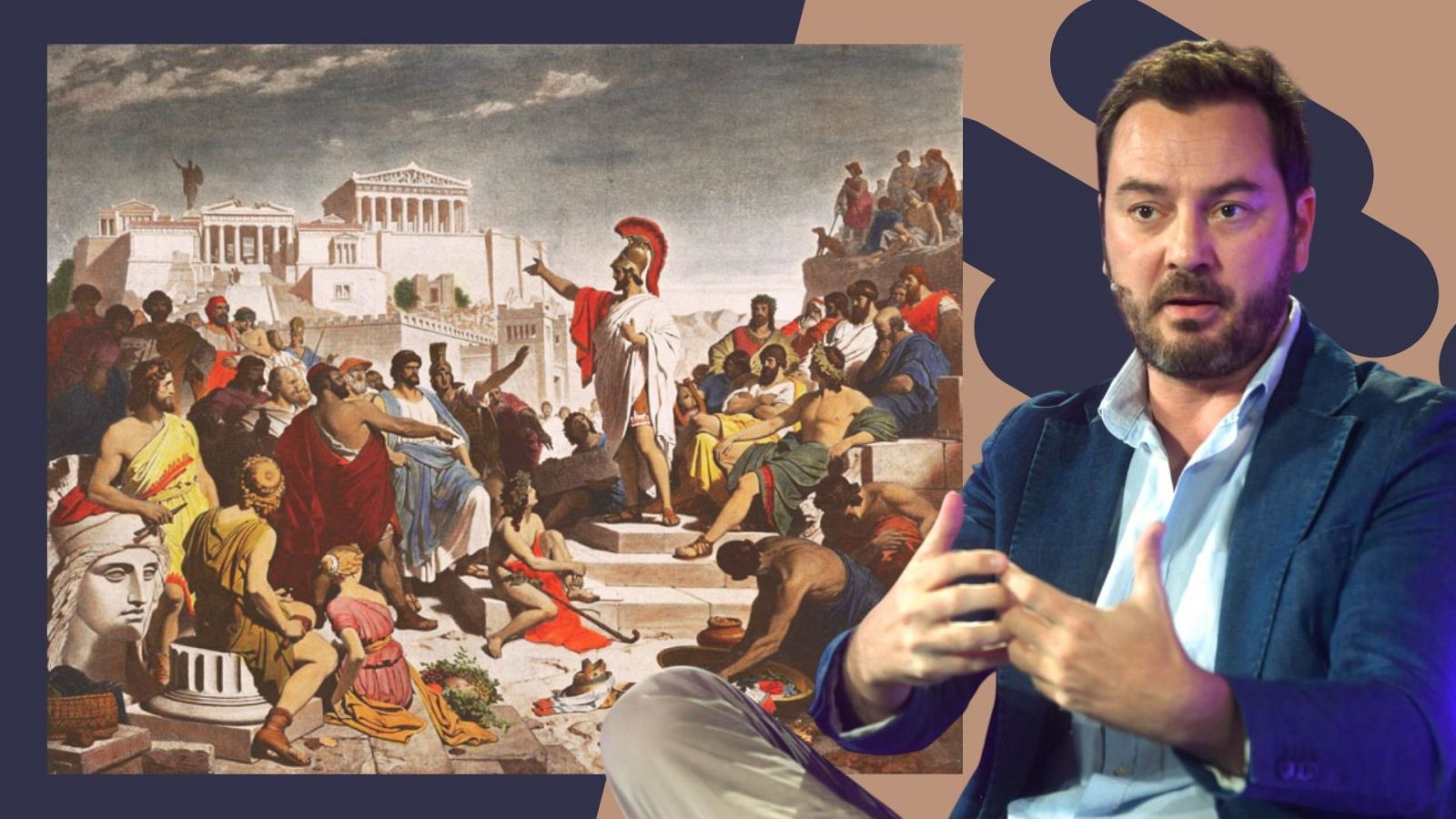 El periodista, escritor y licenciado en Teoría de la Literatura con Filología Clásica Jorge Bustos, junto al cuadro "El discurso fúnebre de Pericles" de Philipp von Foltz.