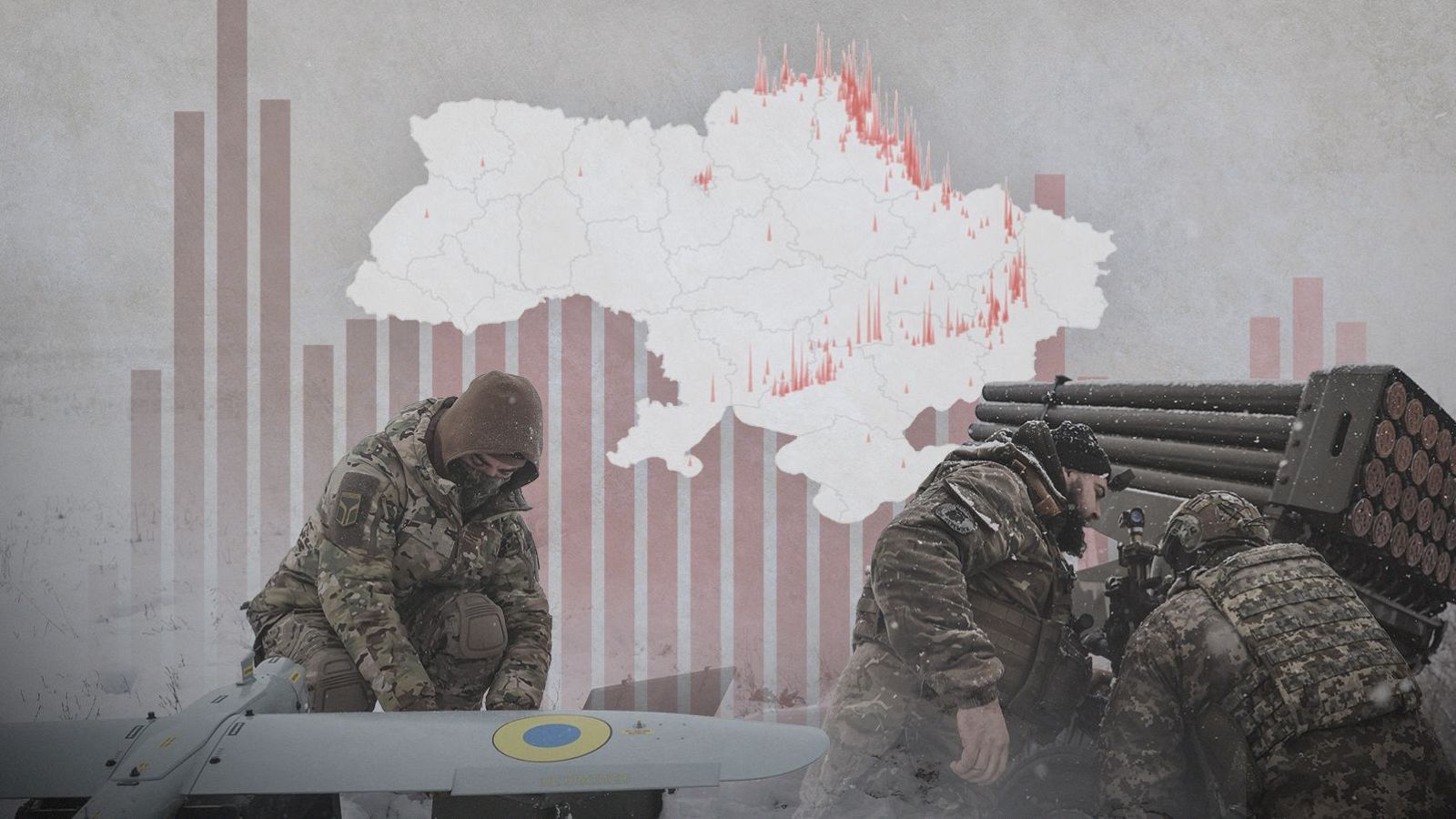 Soldados ucranianos operan un dron y un lanzacohetes en un entorno nevado; un mapa con zonas rojas y barras verticales rojas sugieren estadísticas de guerra.