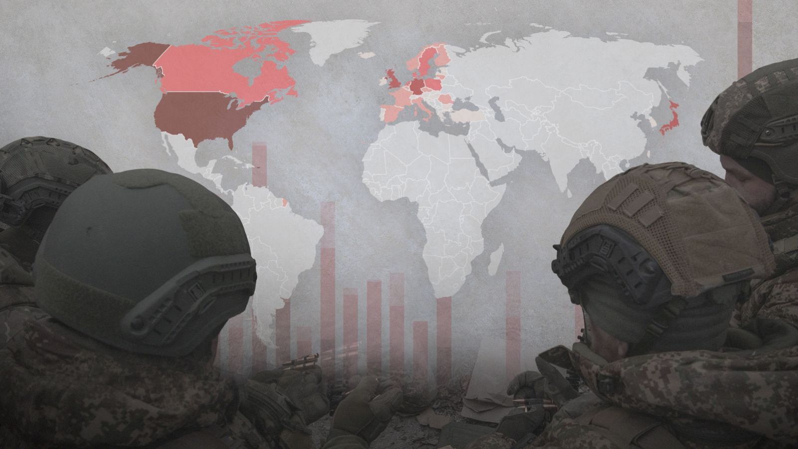 Mapa mundial con países resaltados en rojo, soldados en posición de combate y texto sobre la evolución de la ayuda económica a Ucrania en el contexto de la guerra.