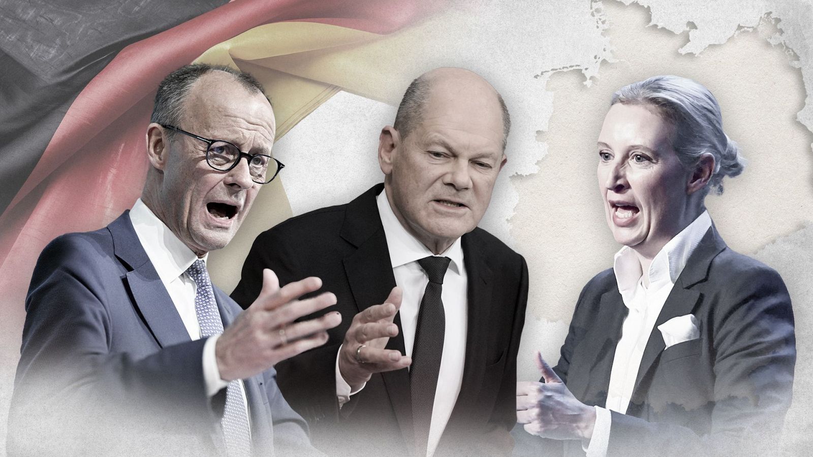 Debate entre tres políticos alemanes, con la bandera y mapa de Alemania de fondo.  Gestos y expresiones sugieren una discusión intensa en el contexto de las elecciones de 2025.