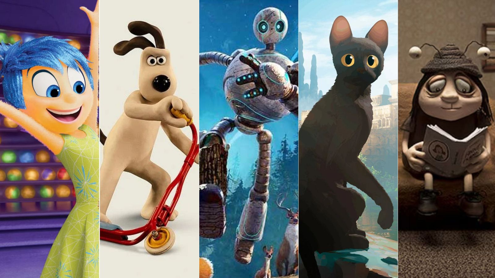 Fotogramas de películas animadas nominadas al Oscar 2025: Alegría (Inside Out), Gromit, un robot, un gato y un personaje de plastilina.
