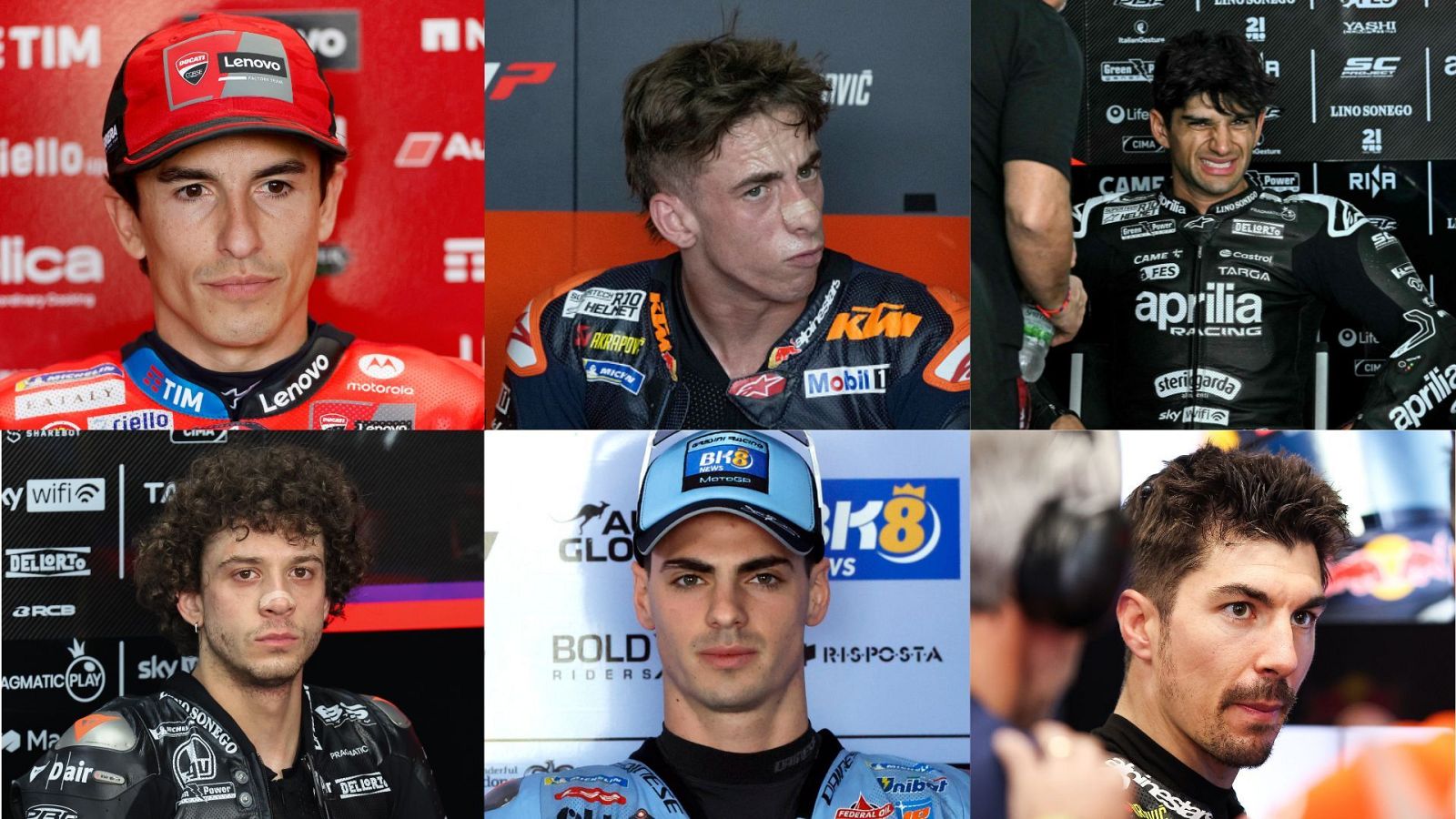 Seis retratos de pilotos de MotoGP de diferentes equipos, con expresiones variadas, anticipando cambios en la parrilla para 2025.