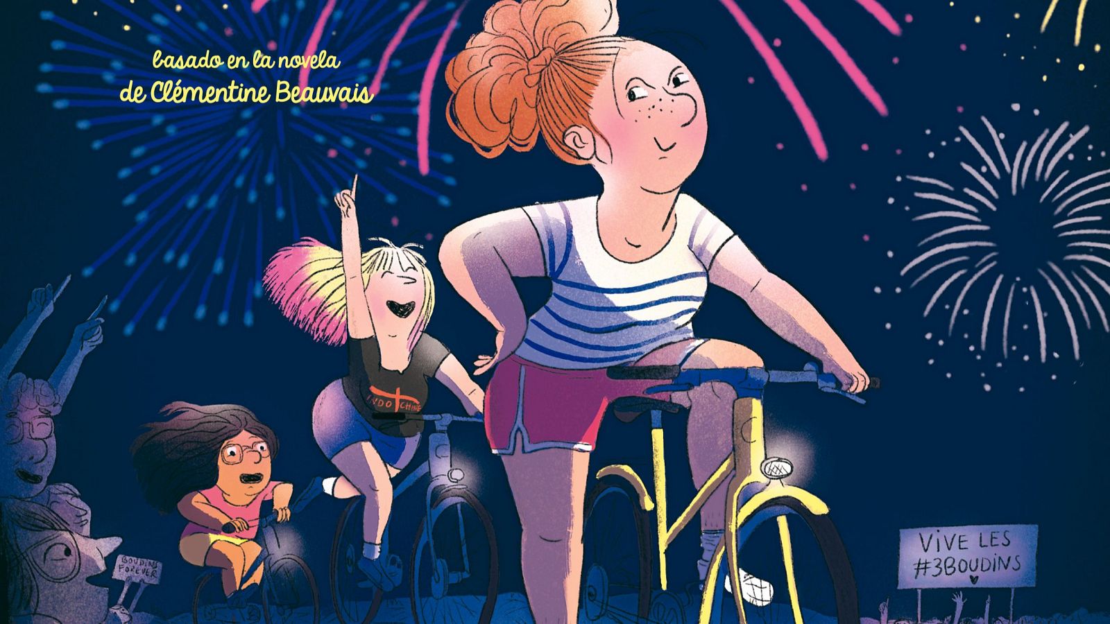 Tres chicas en bicicleta, bajo fuegos artificiales nocturnos, celebran la amistad en la portada del cómic "Las tres reinas".