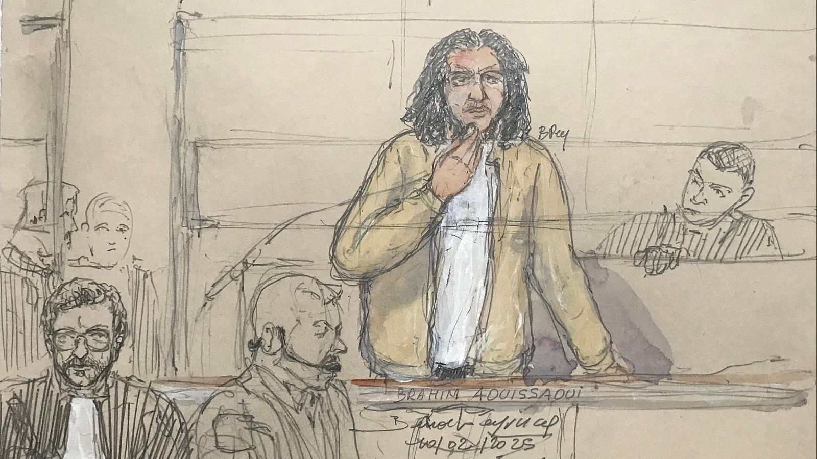 Ilustración del juicio a Brahim Aouissaoui, autor del atentado terrorista de Niza, Francia, en 2020