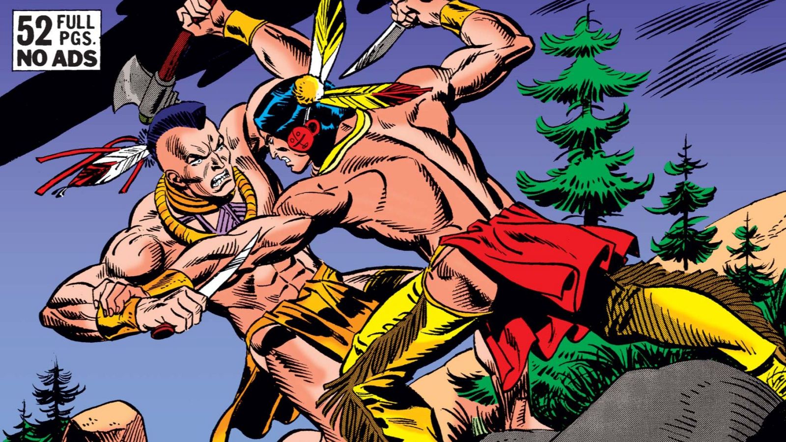 Intensa lucha entre dos guerreros nativos americanos con hacha y cuchillo, en un paisaje boscoso. Cómic de 52 páginas sin publicidad.