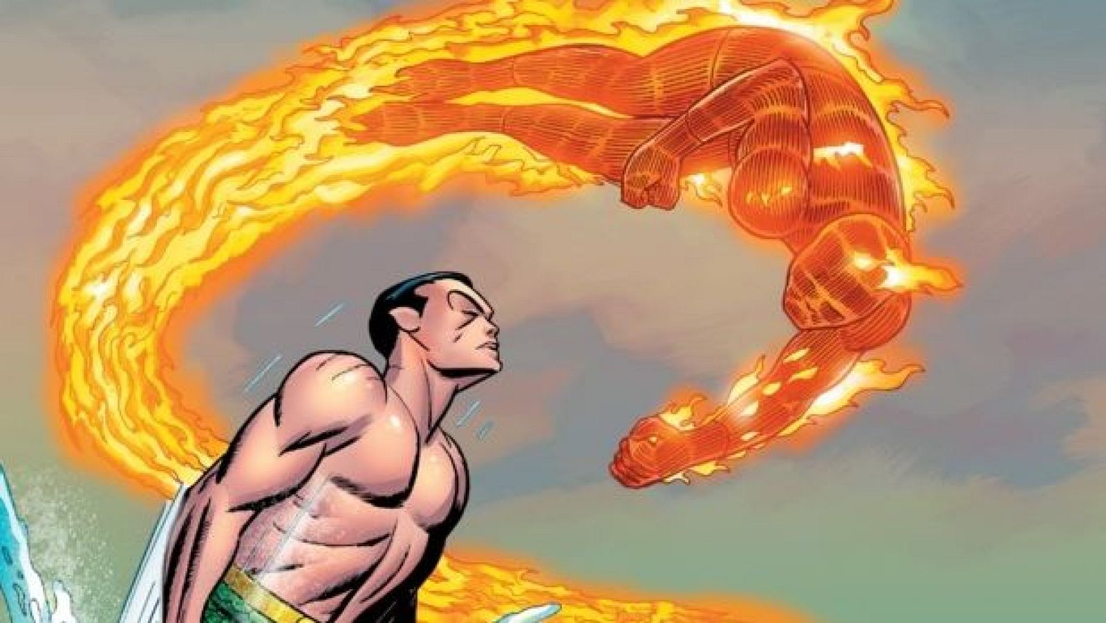 Enfrentamiento entre la Antorcha Humana, en llamas, y Namor, quien lo observa desde abajo.  Fondo con tonos azules y verdes.