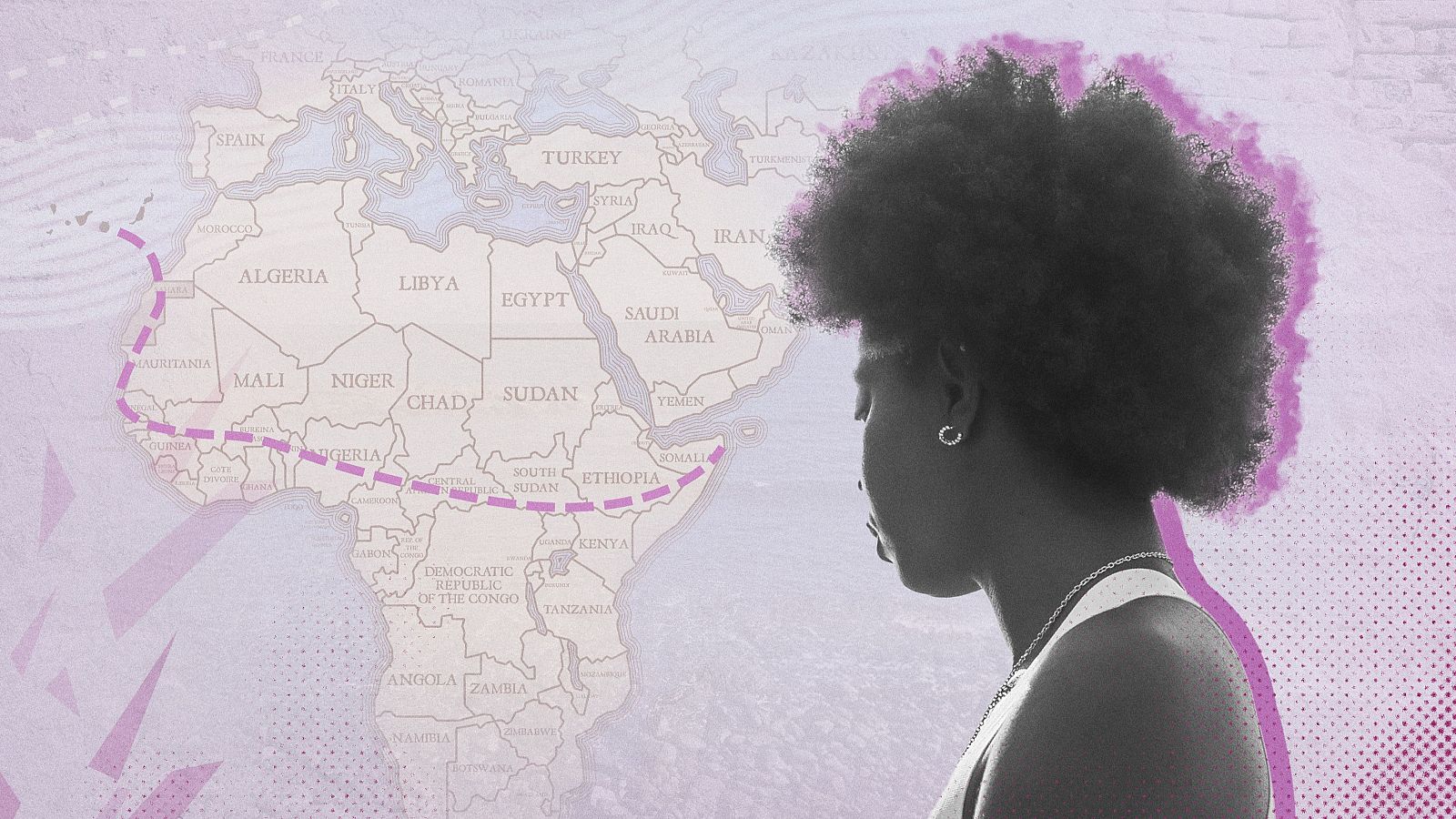 Ruta migratoria africana representada en mapa con perfil de persona racializada, cabello afro y pendiente, mirando hacia abajo.