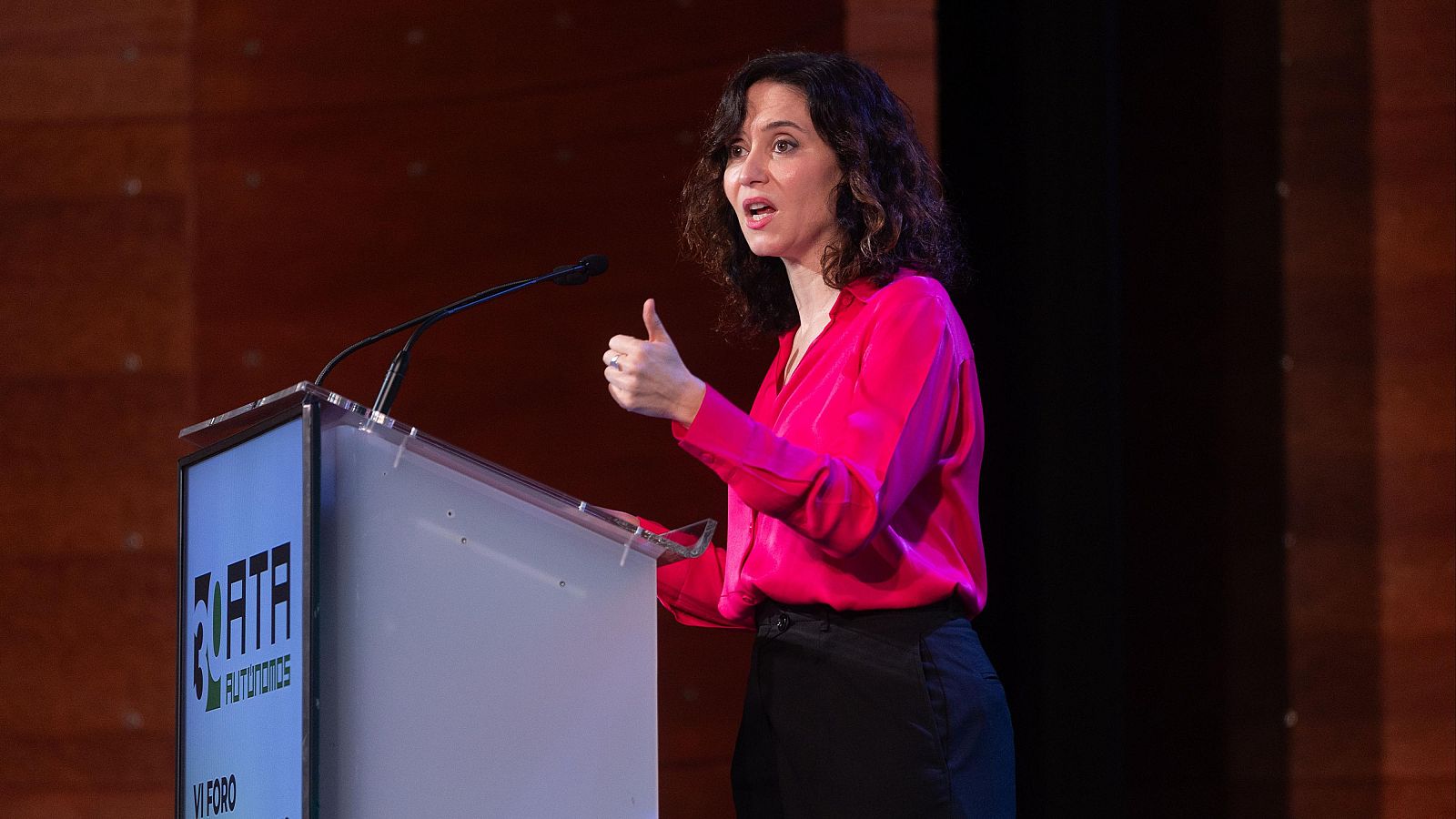 La presidenta madrileña, Isabel Díaz Ayuso, en su intervención en el VI Foro ATA Emprendedores y Autónomos