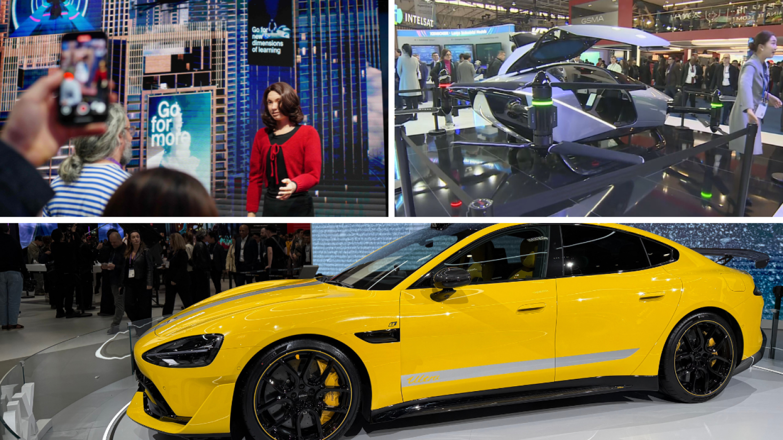 Tres fotos muestran la IA en el Mobile World Congress: un robot humanoide, un vehículo futurista y un coche deportivo amarillo.