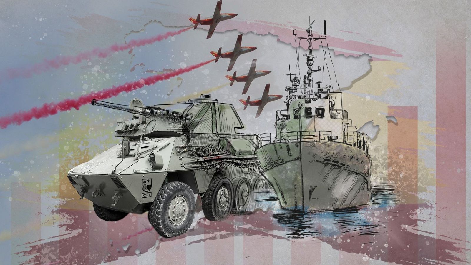 Imagen gráfica que representa un vehículo blindado, una embarcación y aviones, simbolizando la industria de defensa española en expansión.