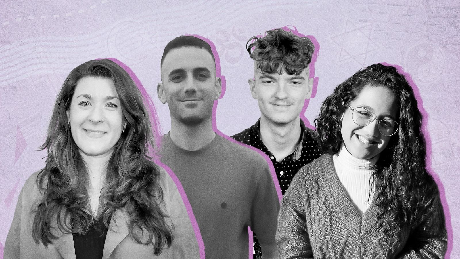 Retratos en blanco y negro de cuatro personas con diferentes expresiones y vestimentas, sobre fondo lila y con bordes rosas.
