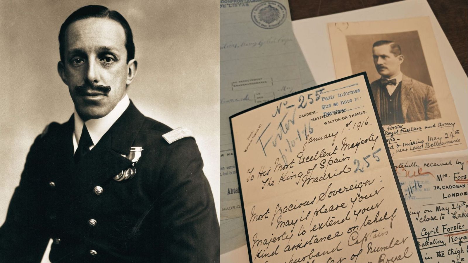 A la izquierda, fotografía de Alfonso XIII en 1916. A la derecha, una de las cartas recibidas por el monarca.