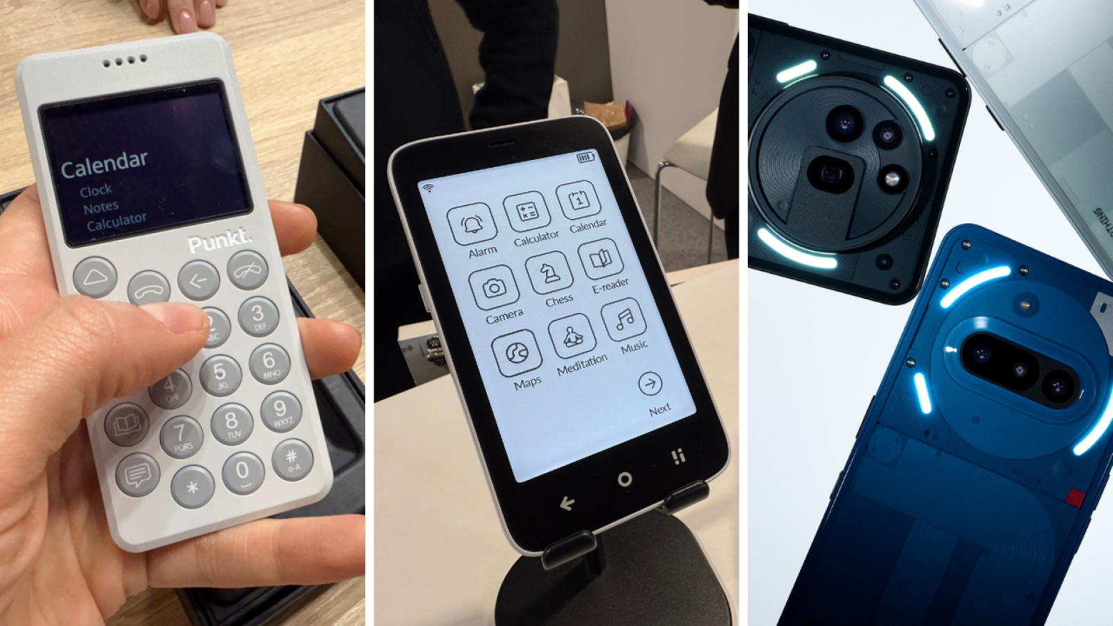 Tres teléfonos minimalistas: Punkt (teclado numérico, funciones básicas), Mudita (pantalla táctil, varias apps), y dos Nothing (diseño trasero distintivo).
