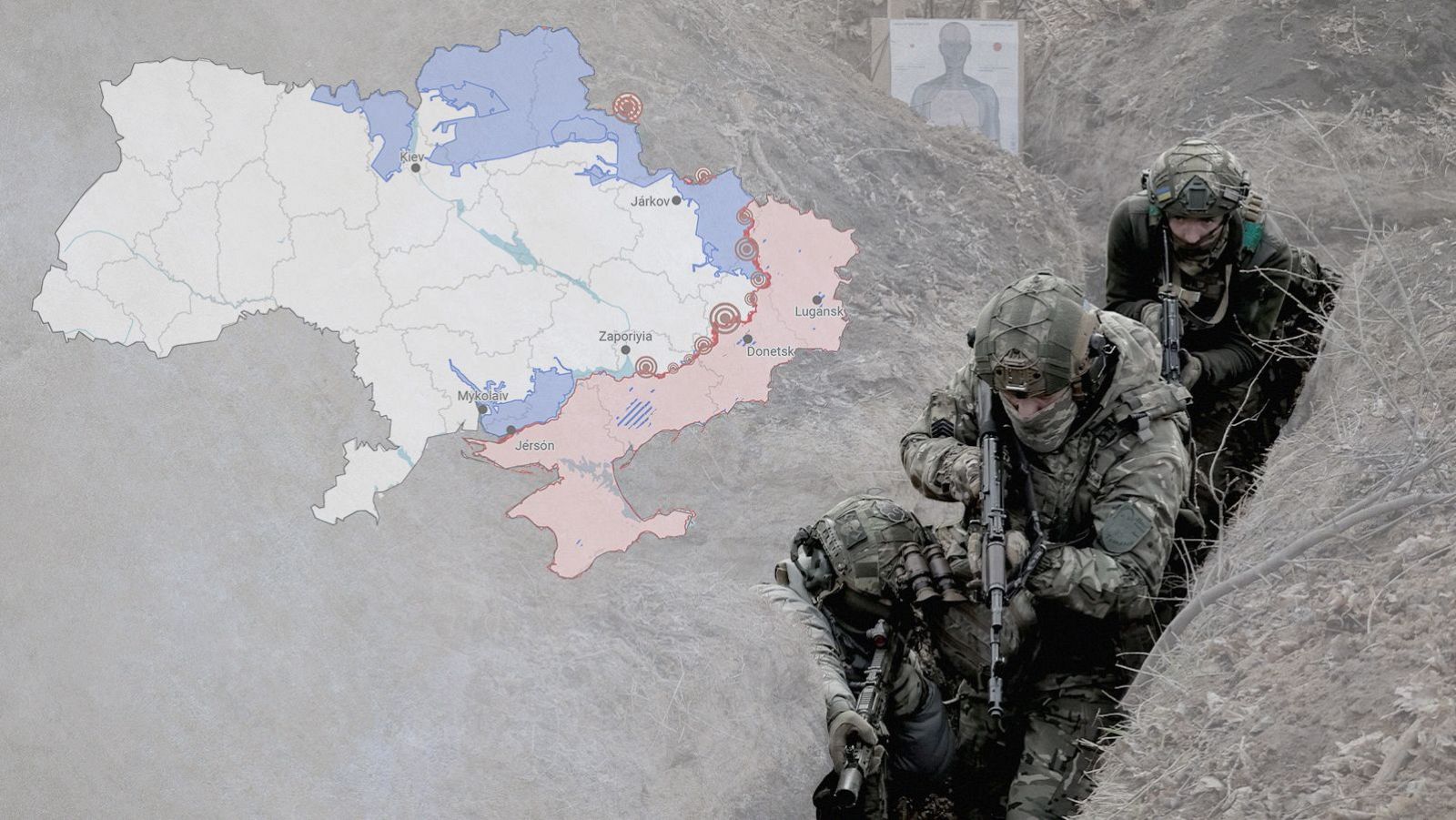 Mapa de Ucrania (semana 162 de guerra) mostrando el control territorial con puntos rojos indicando posibles conflictos, junto a foto de tres soldados ucranianos en trinchera, con uniformes de camuflaje y armas.