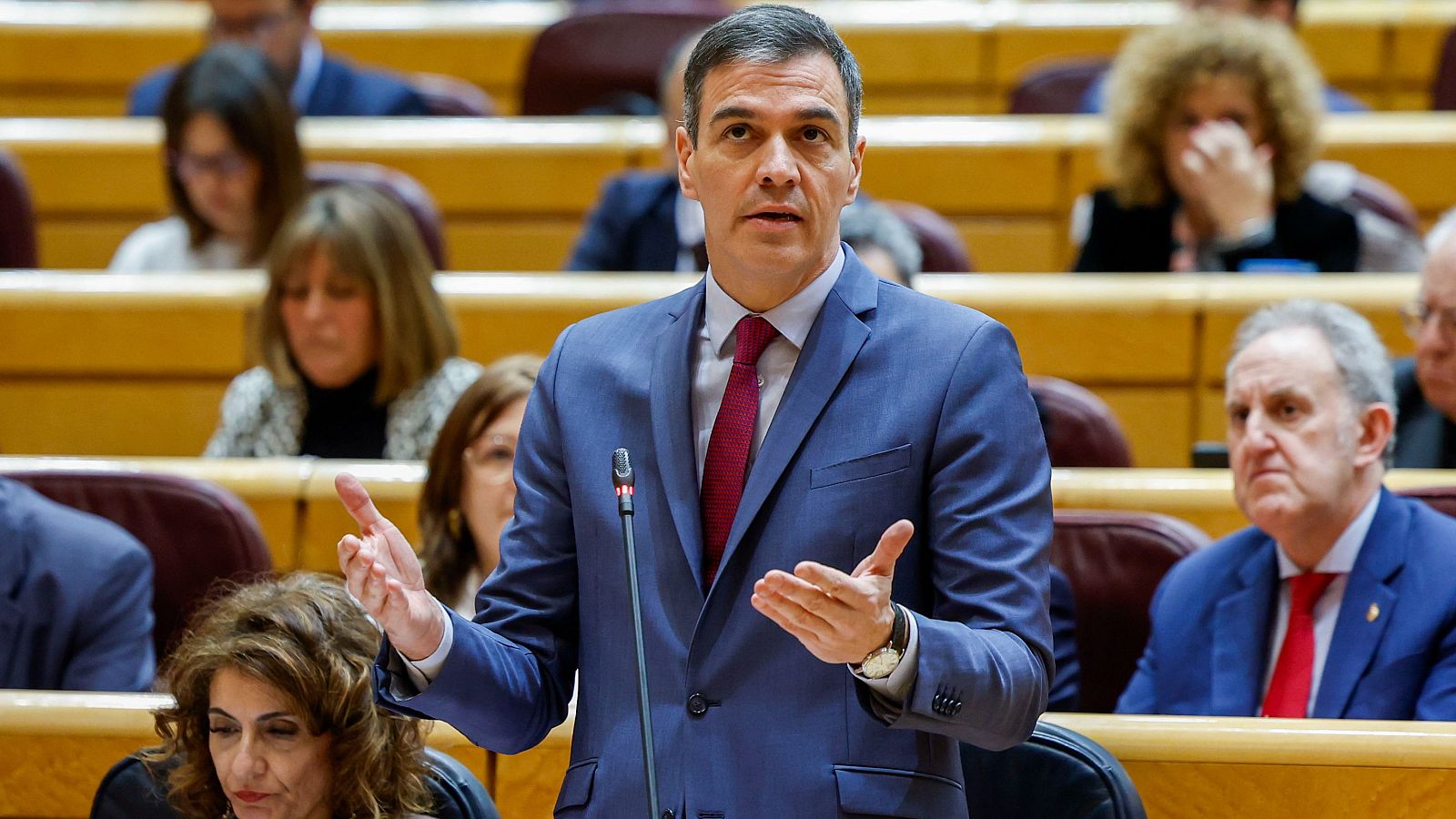 El presidente del Gobierno, Pedro Sánchez, interviene en una sesión de control al Gobierno en marzo de 2024