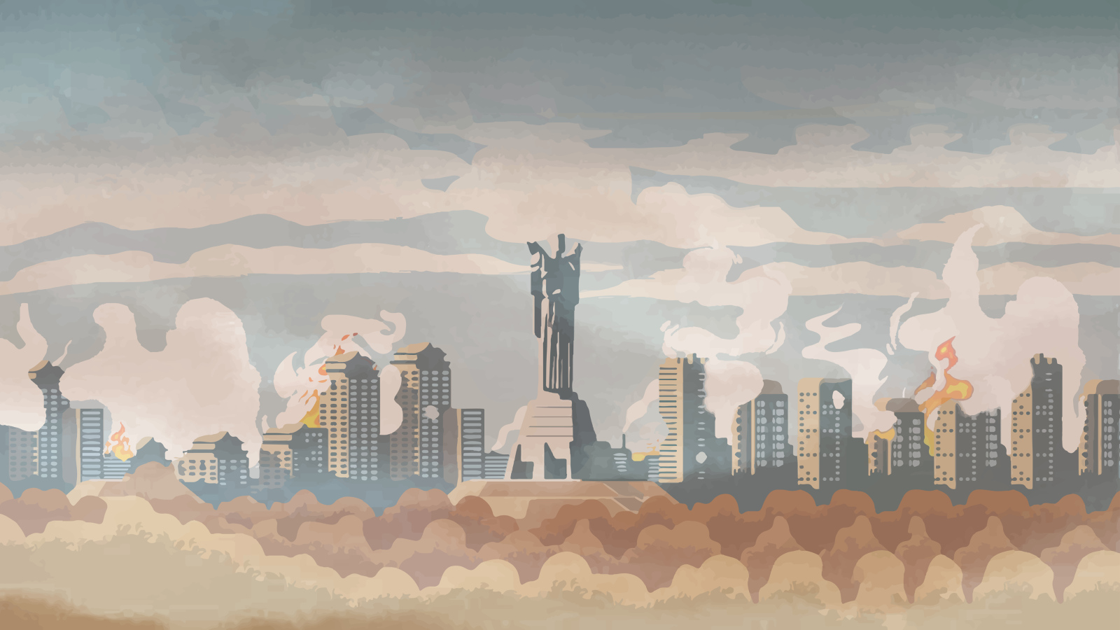 Ilustración de la ciudad de Kiev en llamas y de la estatua de la Madre Ucrania mutilada