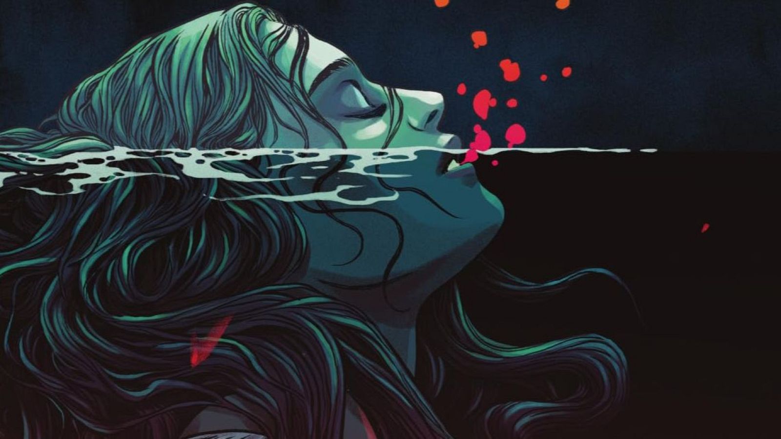 Mujer joven bajo el agua, cabello verde azulado, burbujas rojas.  Atmósfera misteriosa, portada de cómic.
