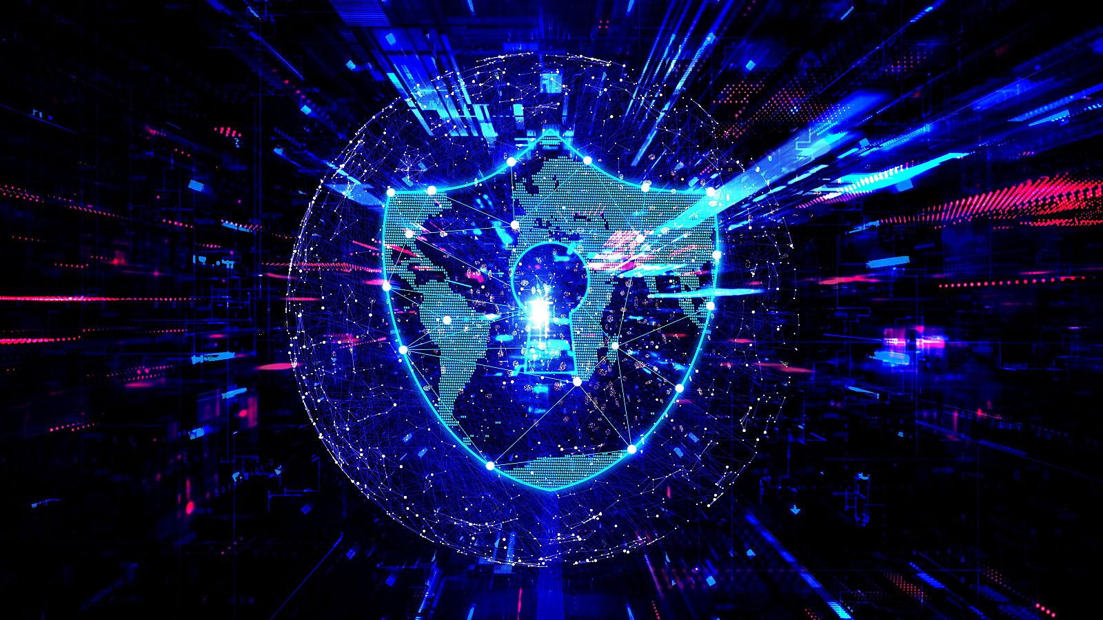 Escudo digital azul con cerradura central sobre mapa mundial, en fondo de ciberespacio abstracto con luces. Simboliza seguridad digital global con vulnerabilidad.