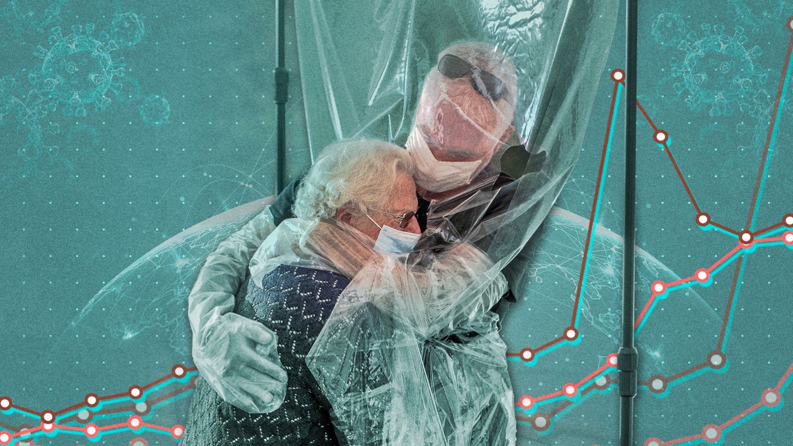 Abrazo entre dos familiares, con plásticos protectores, en una residencia de ancianos durante la pandemia