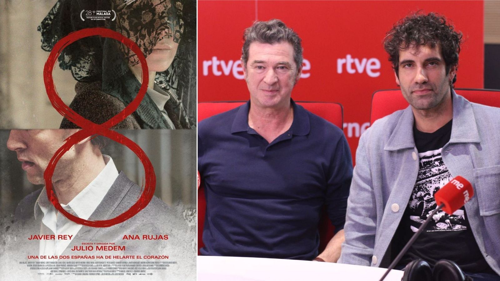 Cartel de '8' y Julio Medem y Tamar Novas en los estudios de RNE.