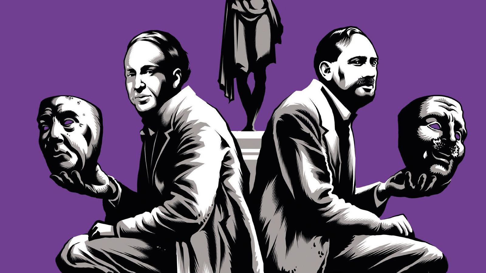 Ilustración en blanco y negro de dos hermanos arrodillados, con máscaras teatrales, sobre fondo morado y una estatua clásica al fondo. Estilo gráfico y contrastado.