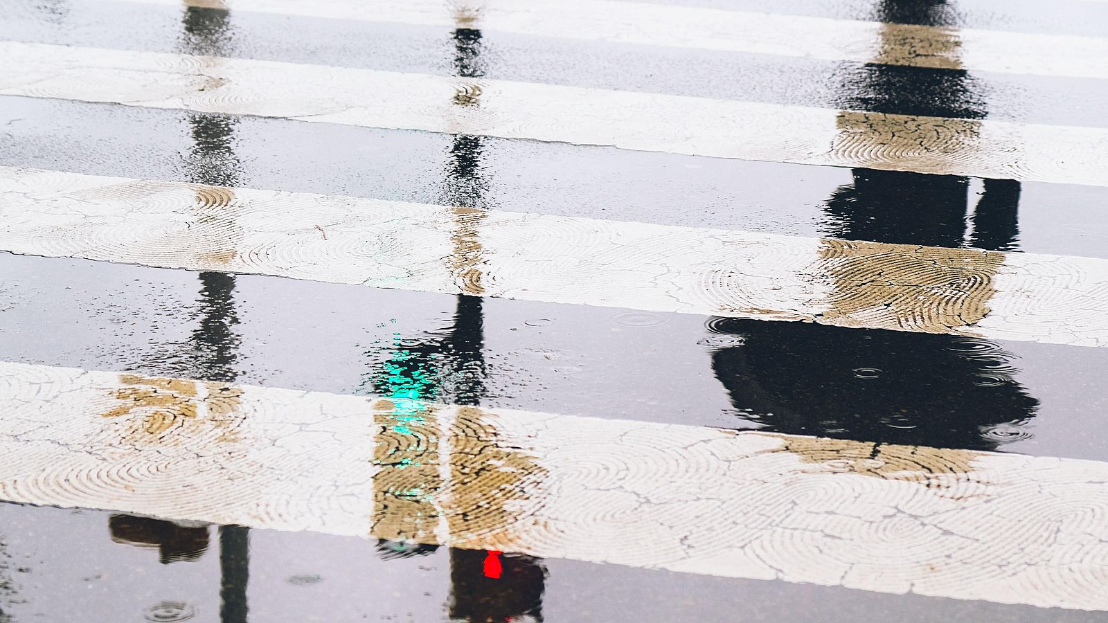 Paso de peatones inundado, con reflejos de luces de semáforo y una sombra en el agua.