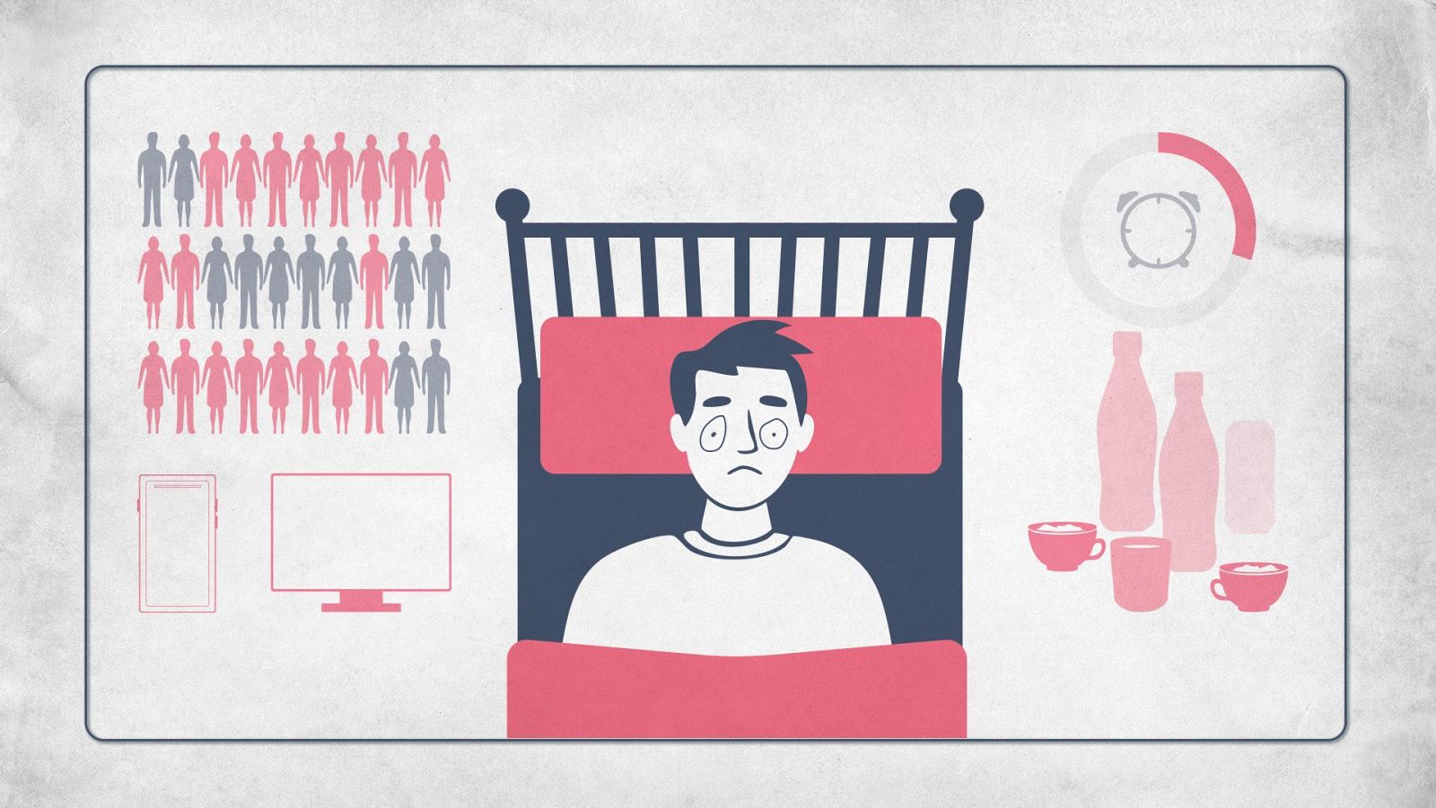 Infografía sobre el coste económico del sueño deficiente (11.100 millones de euros), mostrando una persona cansada, iconos de posibles causas (dispositivos electrónicos, cafeína) y estadísticas sobre la población afectada.
