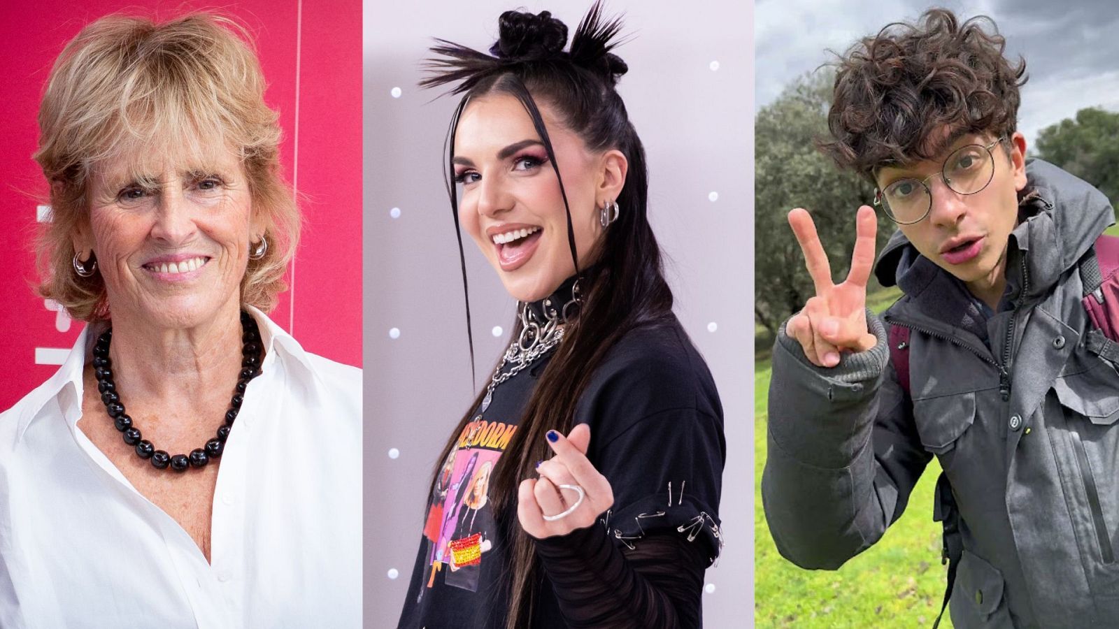 Tres retratos: Mercedes Milá sonriente con camisa blanca, Inés Hernand con dos moños y camiseta estampada, y un joven con gafas y chaqueta gris haciendo el gesto de la paz.