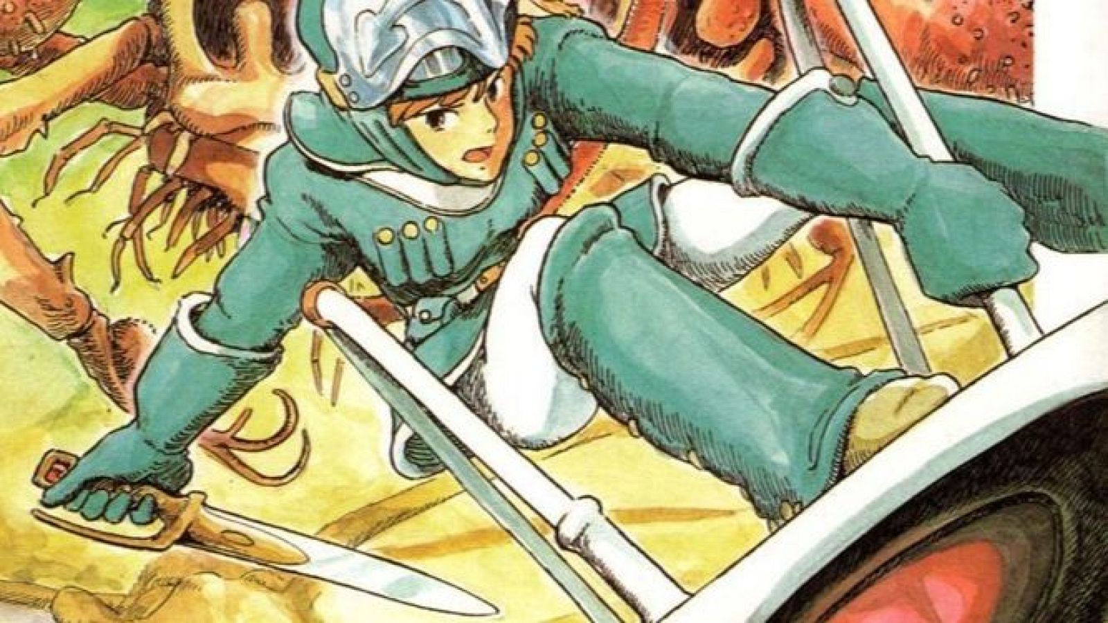 Nausicaä, con uniforme verde y casco, empuña un arma y una vara, deslizándose sobre una superficie curva; al fondo, una gran criatura. Detalle de portada de cómic.