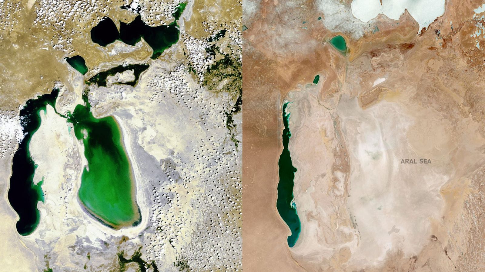 Así se seca el mar de Aral: a la izquierda, el lago en 2006; a la derecha, en 2024