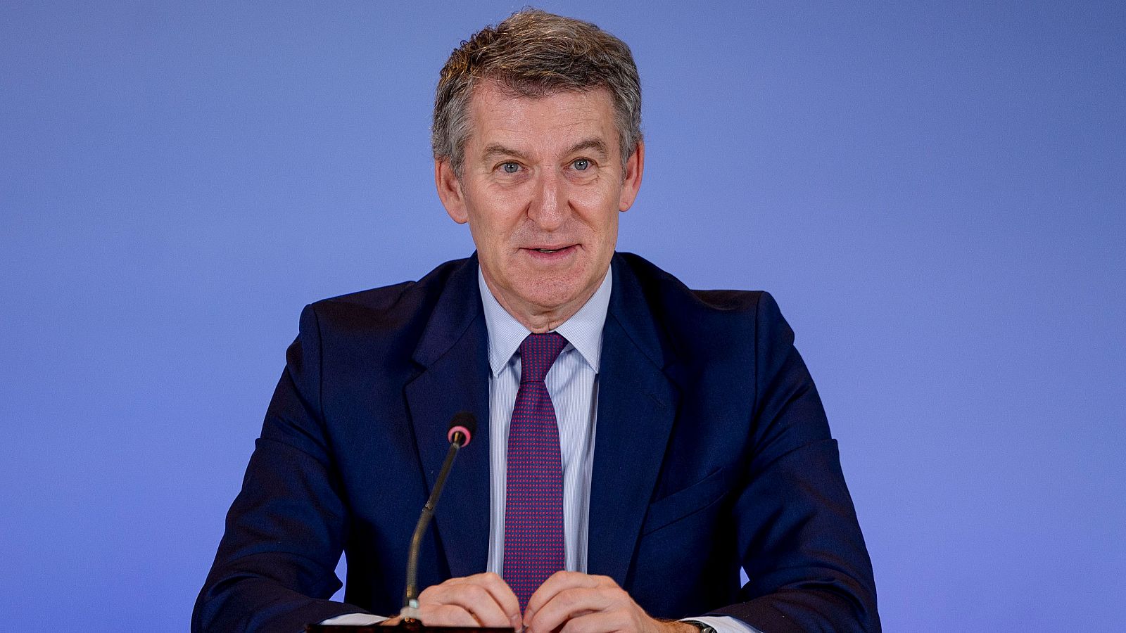 El líder del PP, Alberto Núñez Feijóo, este lunes en la sede de su partido en Madrid