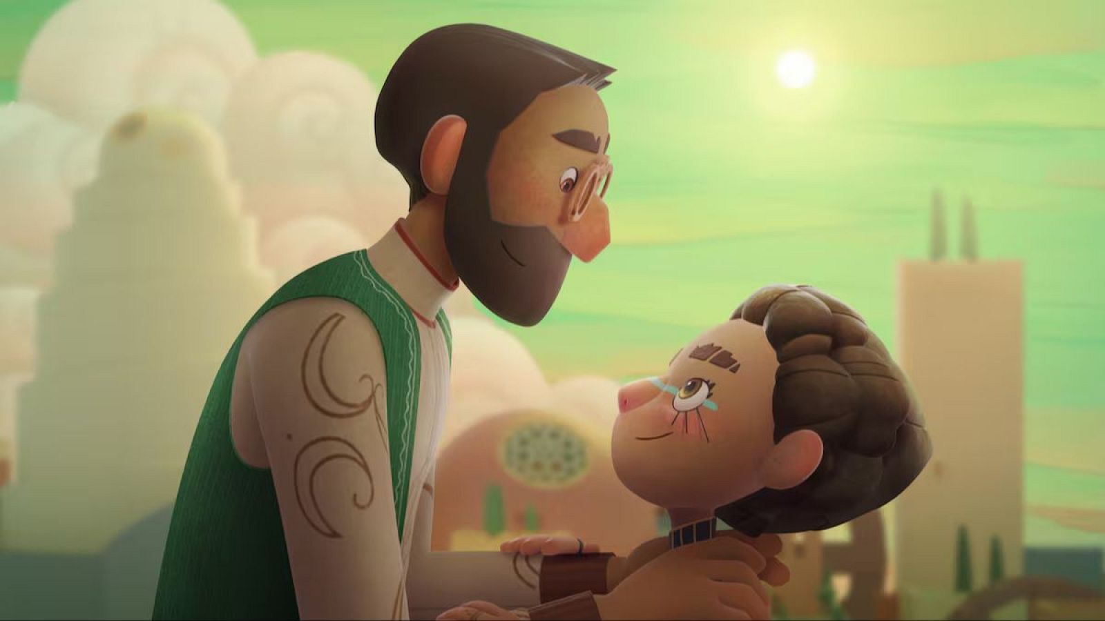 Un padre con barba y gafas abraza a su hijo en un fotograma de 'La luz de Aisha'.  Ambos se miran con afecto en un paisaje urbano estilizado.