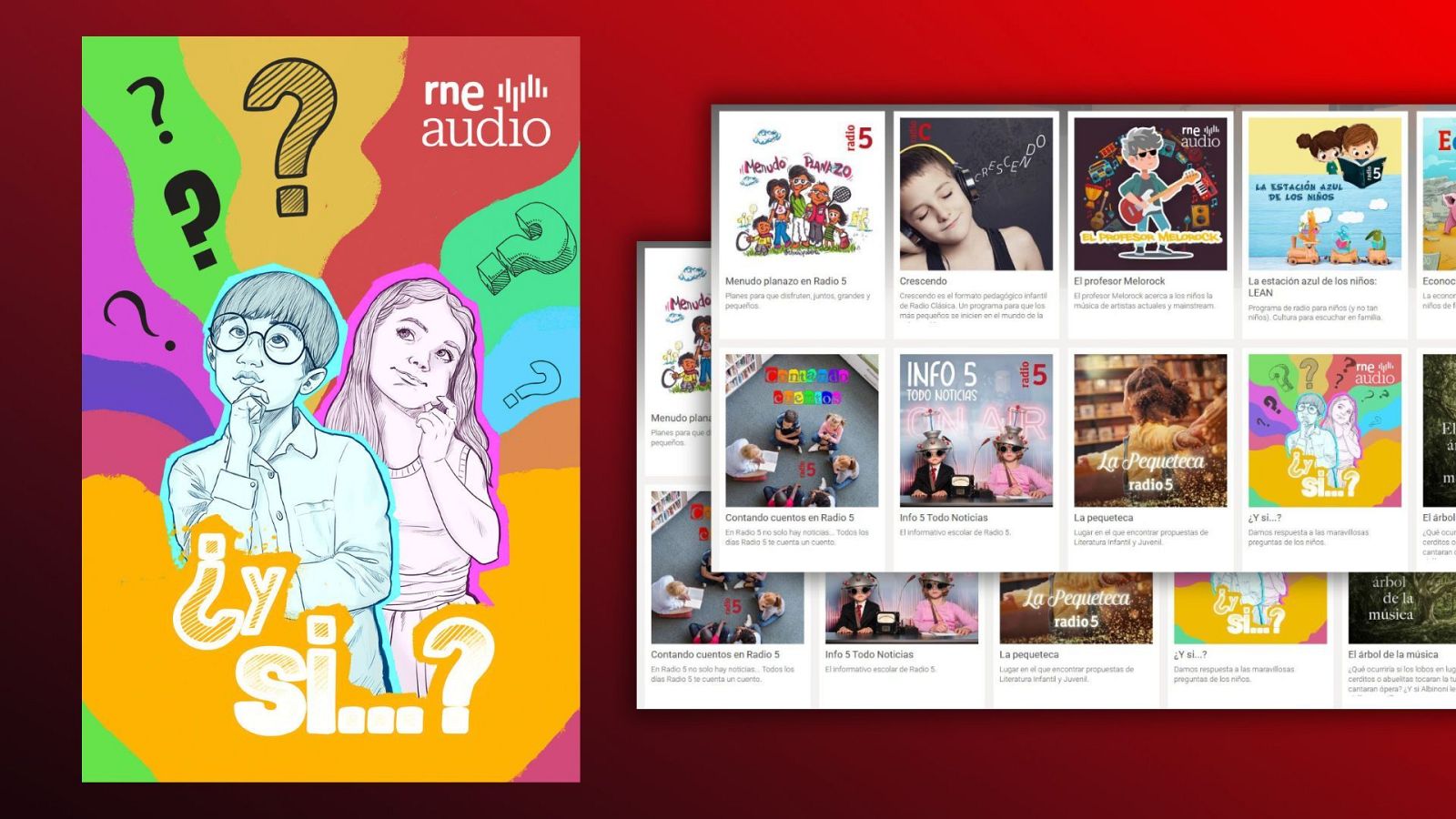 Imagen promocional de podcasts infantiles de RNE.  Muestra niños pensativos y varios títulos de programas como "Mundo Planos" o "El profesor Melómanook".