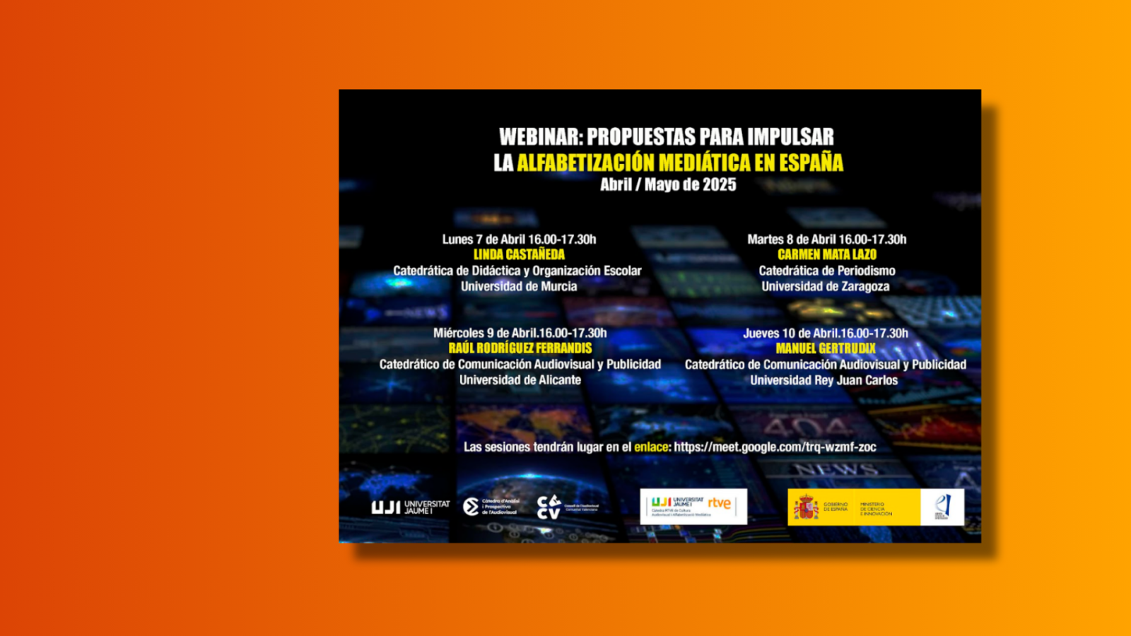 Cartel de las ponencias del Webinar 'Impulsar la alfabetización mediática en España' de la semana del 7 de abril