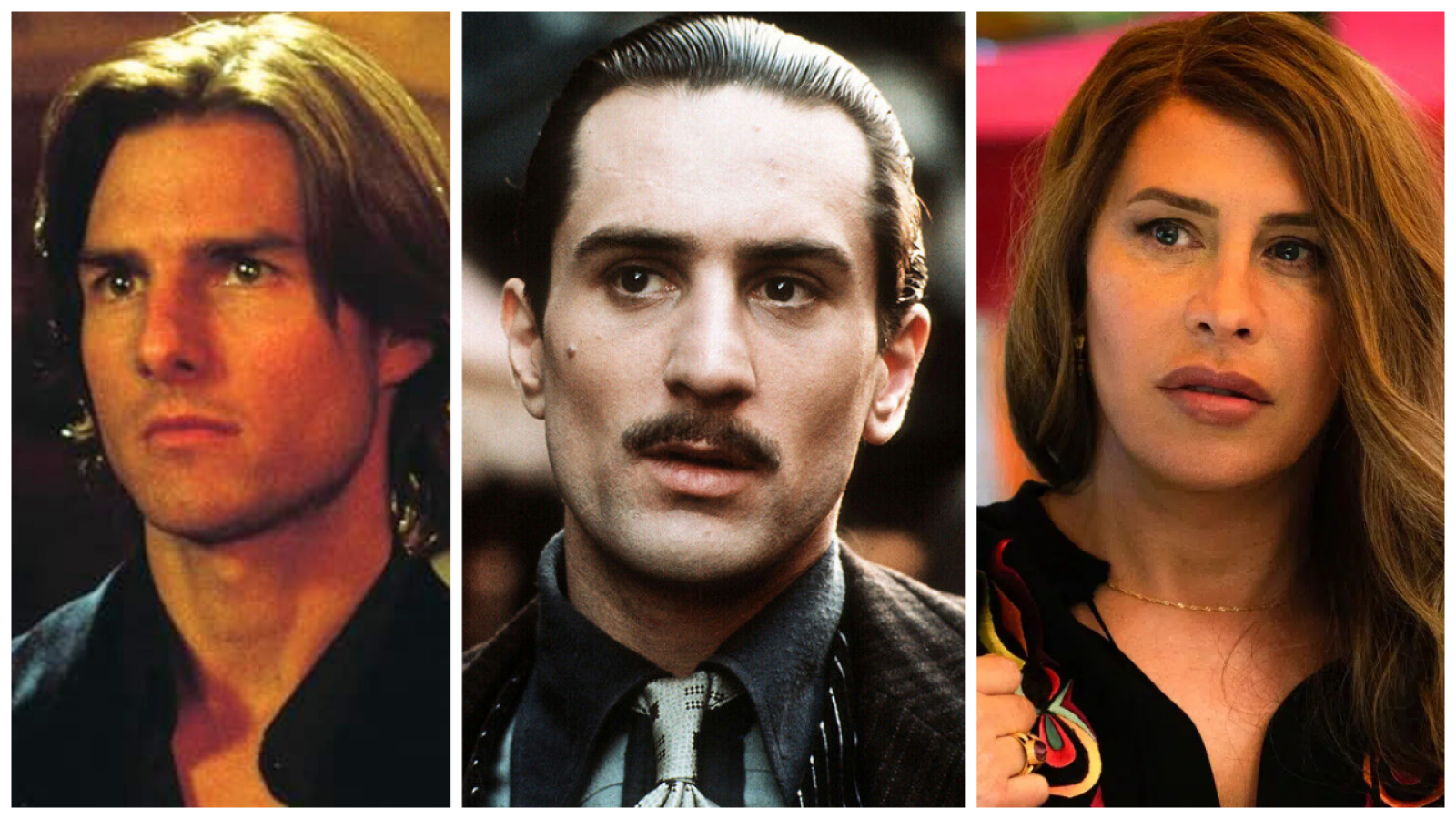 Retratos de Tom Cruise, Robert De Niro y Karla Sofía Gascón con expresiones serias.  Los tres actores han participado en películas con escenas de procesiones.