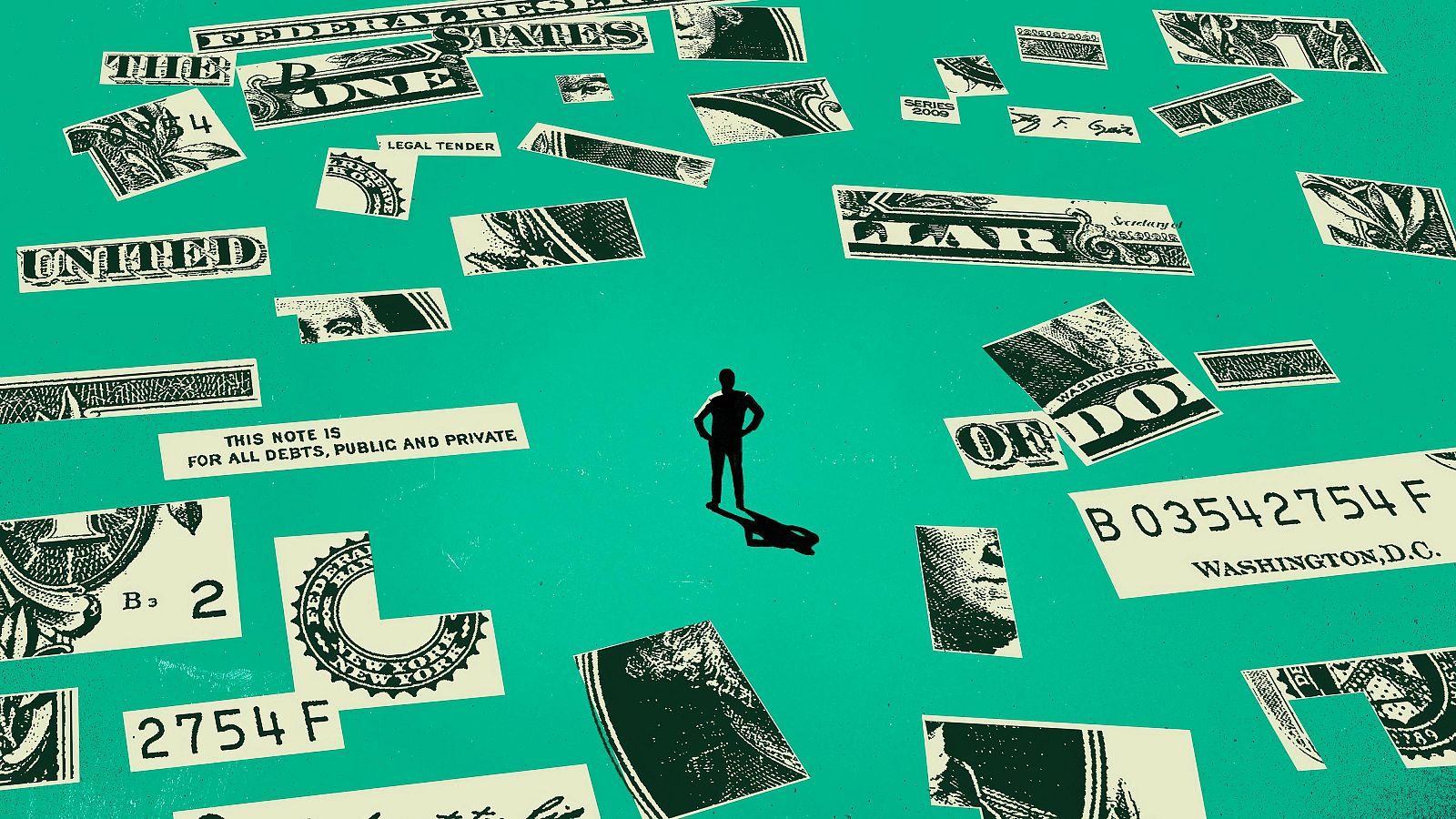 Silueta de hombre ante billetes de dólar fragmentados sobre fondo verde.  Posible representación de incertidumbre económica.