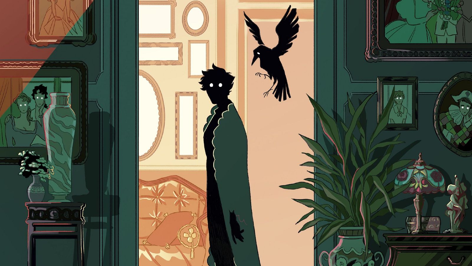 Figura oscura en umbral, entre habitaciones oscura e iluminada; cuervo; cuadros en la pared; atmósfera misteriosa.