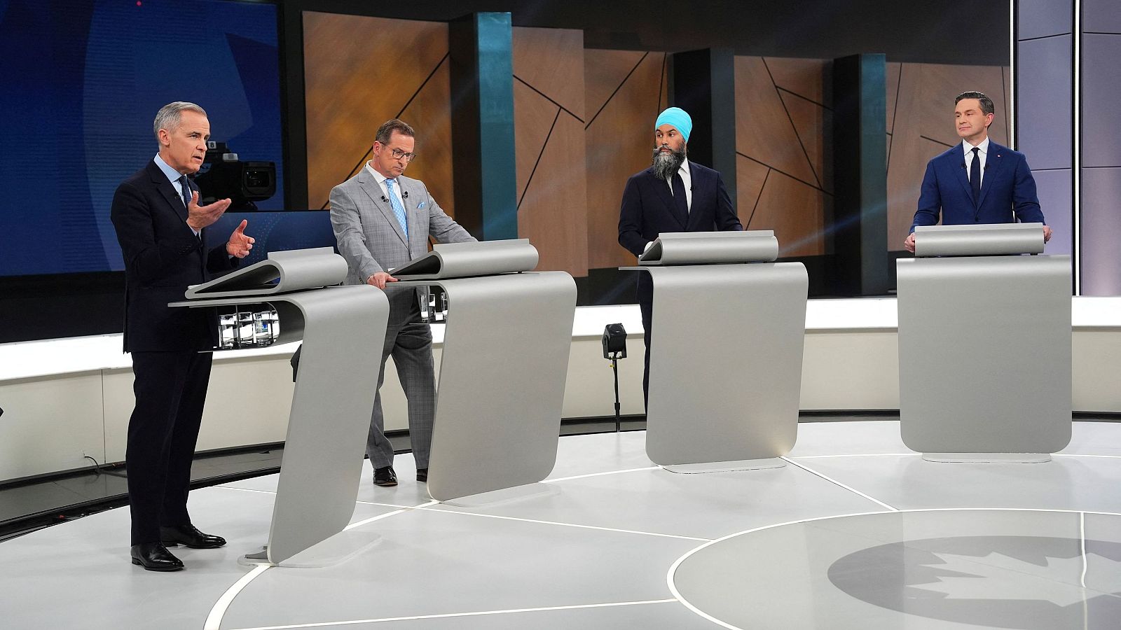 El primer ministro canadiense, Mark Carney; Pierre Poilievre, del Partido Conservador; Yves-François Blanchet, del Bloque Quebequés (BQ); y Jagmeet Singh, del Nuevo Partido Democrático.